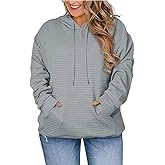 Womens Plus Size Tops Fashion 2026 Spring Hoodies Sweatshirts Drawstring Long Sleeve Waffle Knit Pullover Sweatshirt