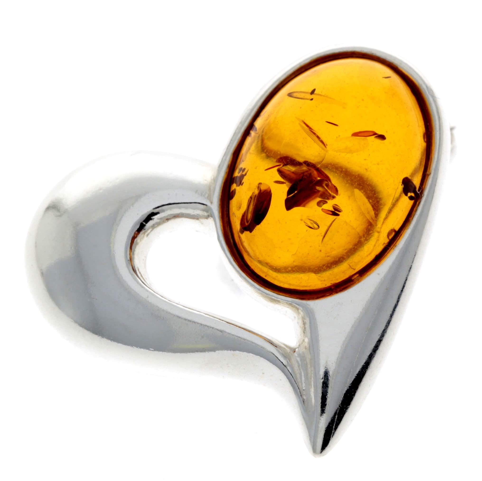 SilverAmber Jewellery - Genuine Cognac Baltic Amber & 925 Sterling Silver Heart Brooch - GL816C