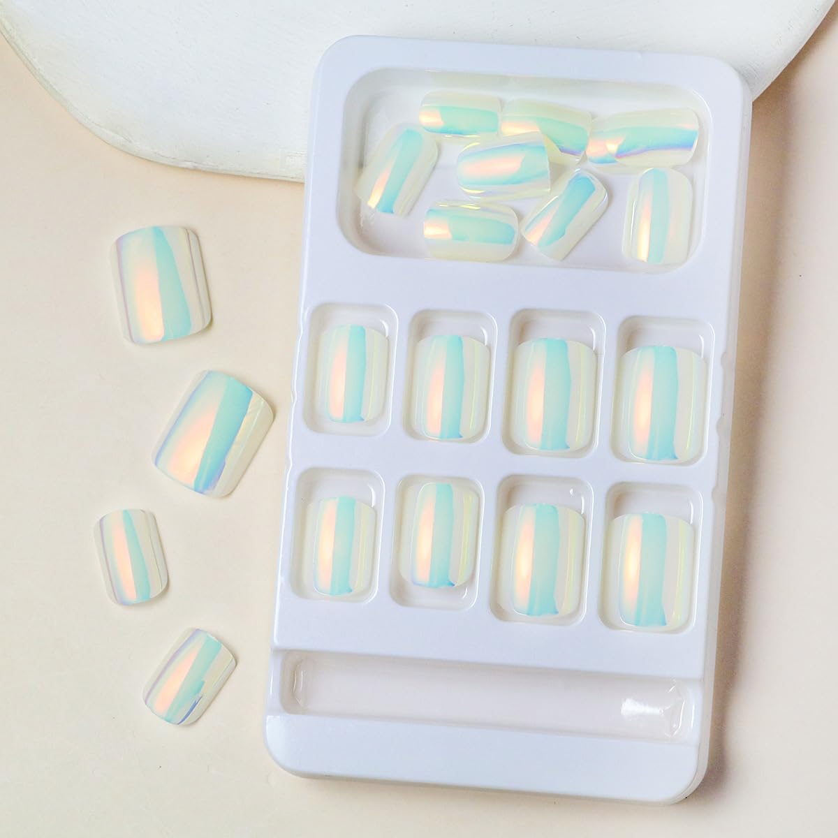White Press on Nails Short Square Fake Nails Aurora Chrome False Nails with Designs Solid Mirror Pearl White Flash Acrylic Nails Glue on Nails Full Cover Stick on Nails for Women 24 Pcs - Image 3