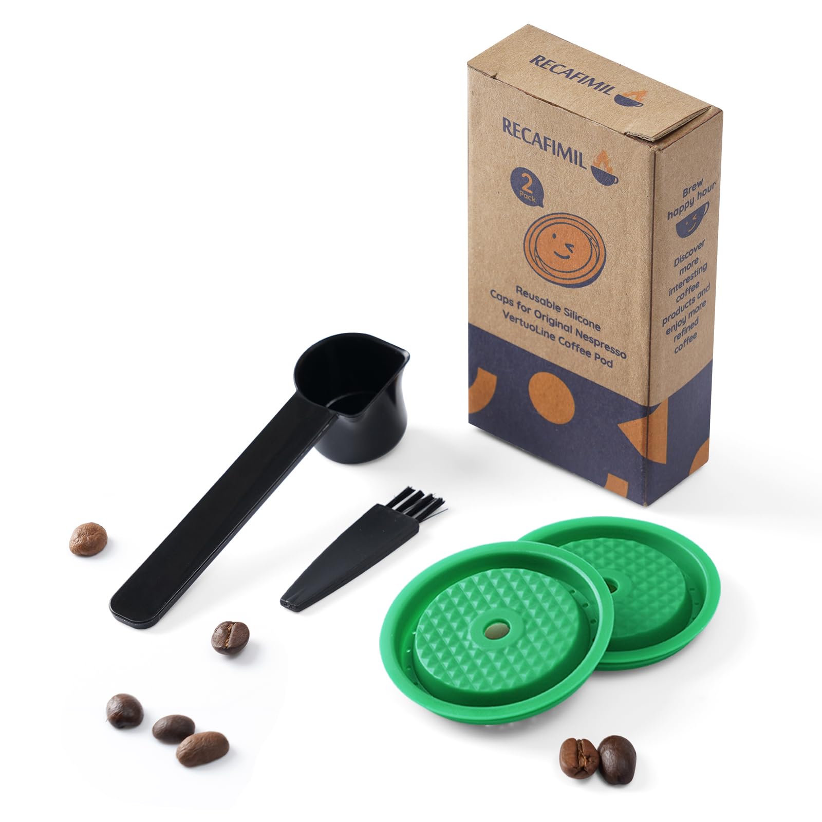 RECAFIMIL 2 Pack Reusable Cap Compatible with Nespresso Vertuo and VertuoLine Capsules, Refillable Coffee Pod Caps with Spoon and Brush, Green