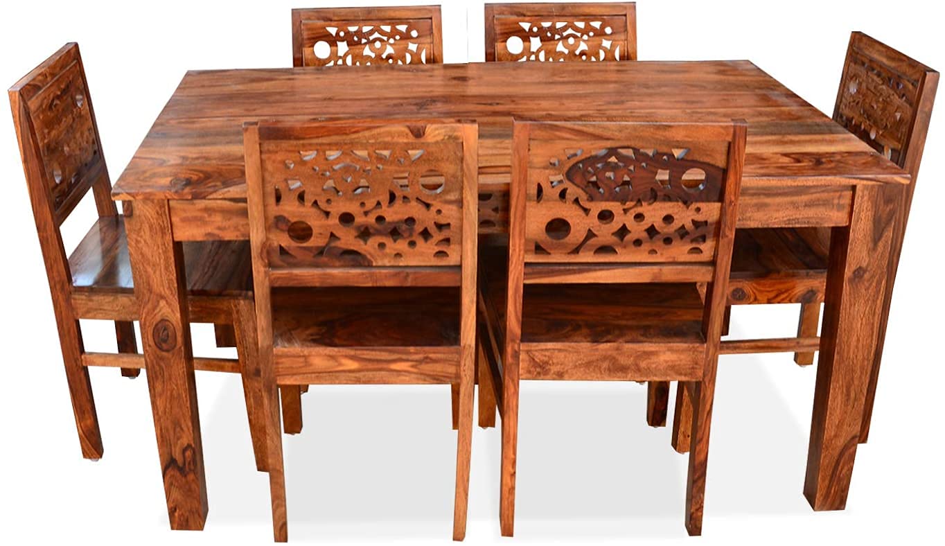 Natural Finish Wood Dining Table 6 Seater Set With Chairs | Desertcart ...