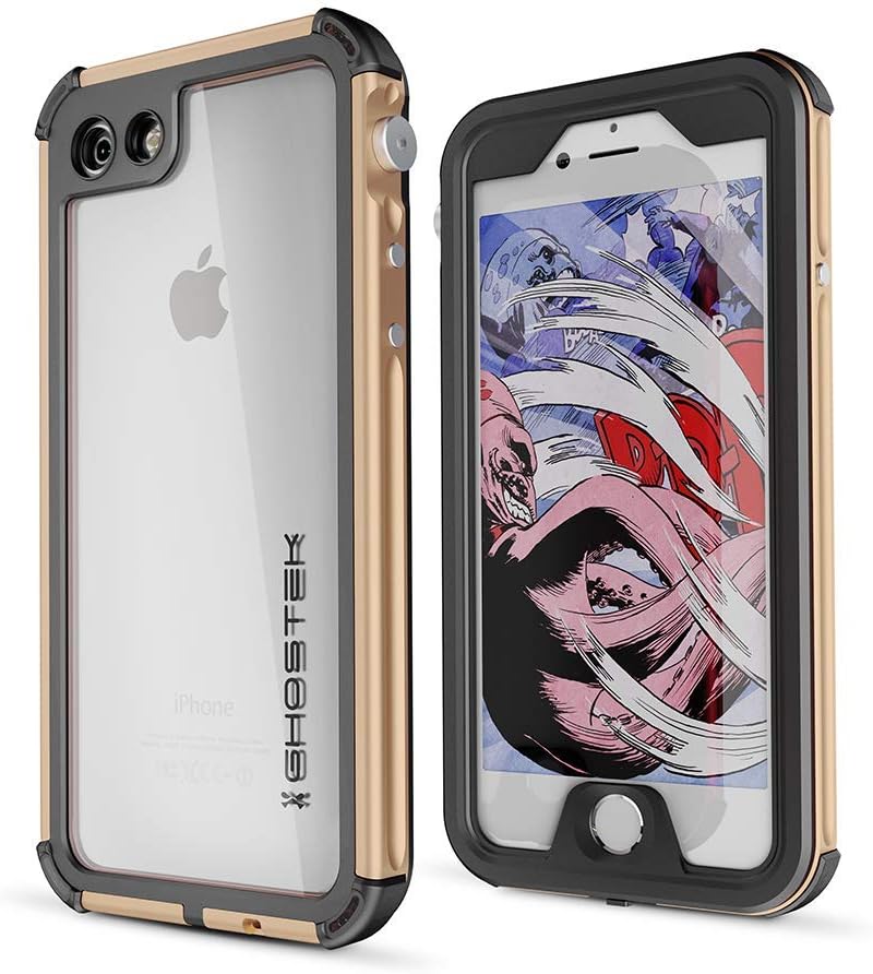 The Fone Stuff Ghostek® Atomic 3 Series iPhone 8, 7 Case, Premium Rugged Shockproof Slim Aluminium Frame Clear TPU Back Dust/Water Proof Cover with Screen Protector – Gold