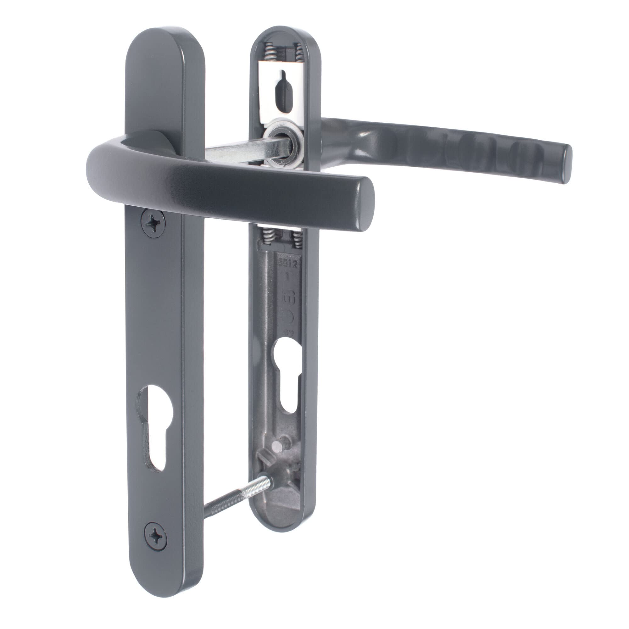 JCP uPVC Door Handle Pair, 122mm Screw Centres, 92 mm PZ Sprung Set, 220mm X 30mm Backplate, Anthracite Grey 7016