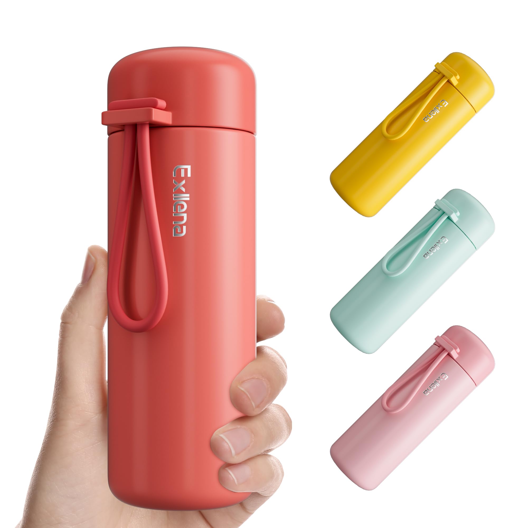 Exllena Small Flask 200ml Made of 304 Stainless Steel, Double Wall Vacuum Insulation for Hot&Cold Drinks, Mini Flask with Carry Handle - 100% Leakproof(Coral Red)