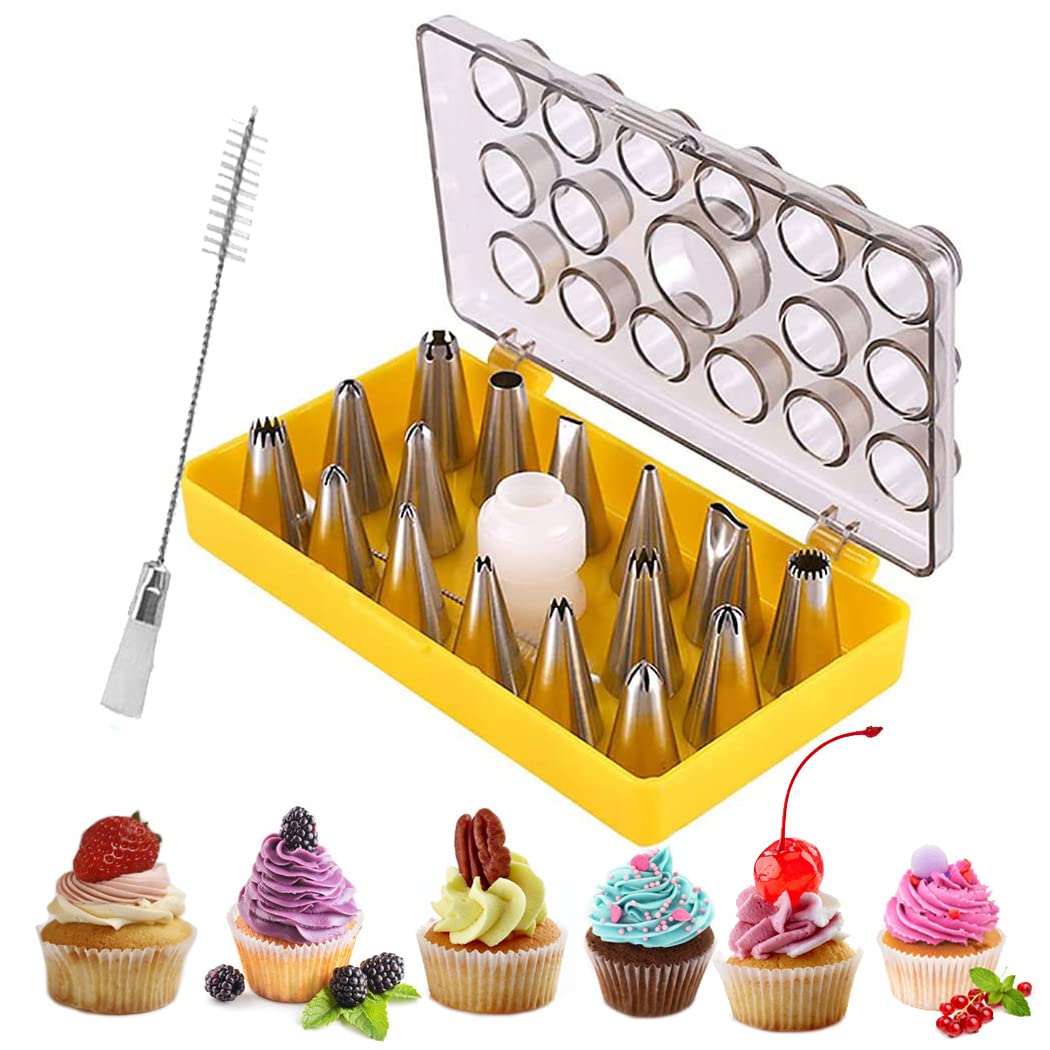 IBLUELOVER Cake Decorating Set 16pcs Cake Piping Nozzle Tips Stainless Steel Small Icing Nozzles Kit with Clean Brush and Coupler, Baking Tools for Cupcakes Pastry Cookies Sugarcraft