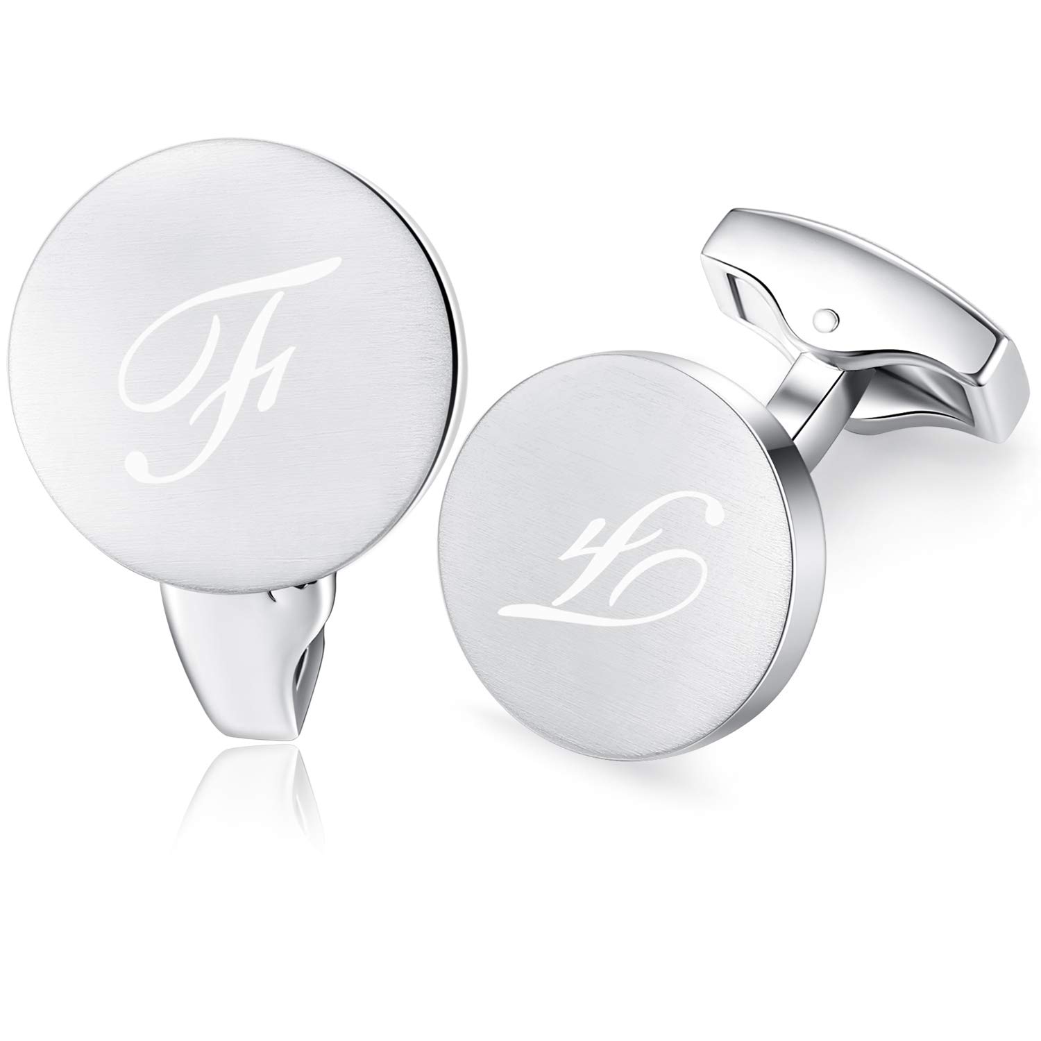 Honey Bear Initial Alphabet Letter Cufflinks for Men, Silver Round Shape Stainless Steel Wedding Business Gifts A - Z (F)