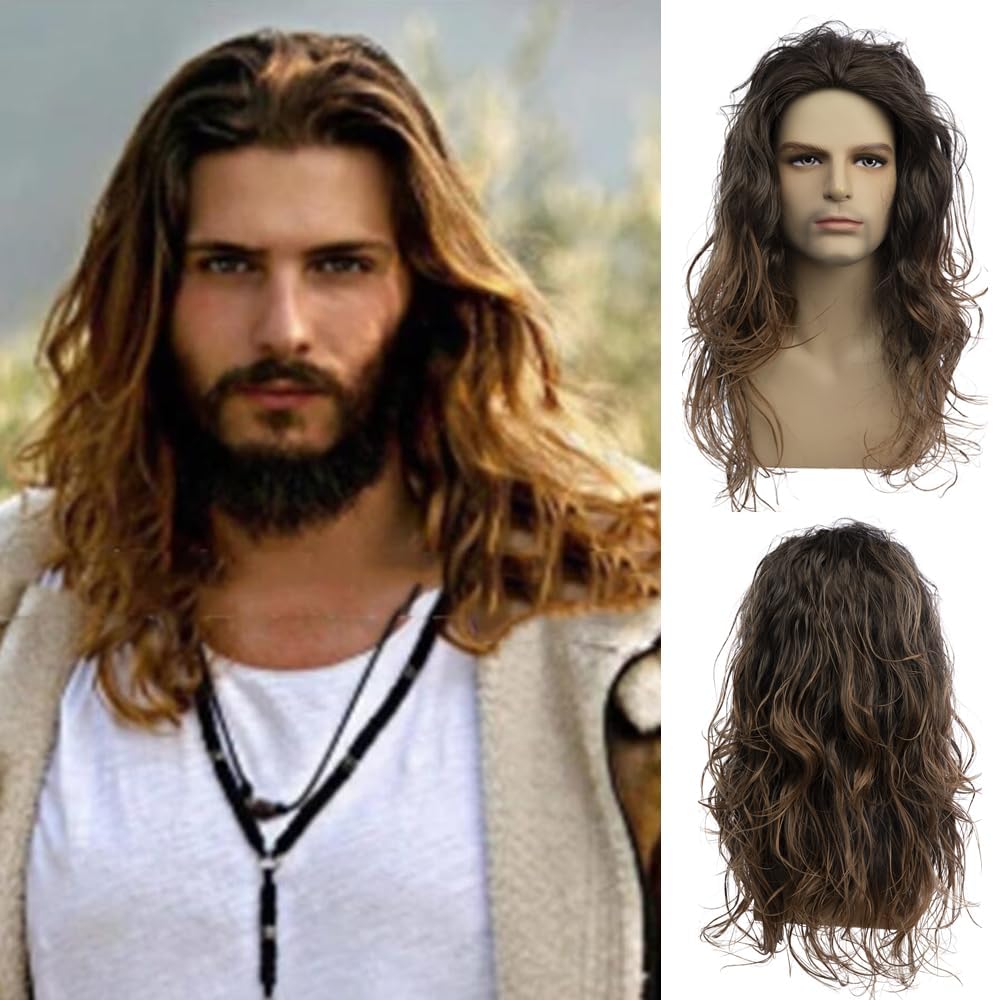 Qnbiar Long Curly Wavy Brown Wigs for Men Synthetic Natural Party Halloween Cosplay Hair Wig — image 1
