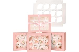 BAKEPACKER 12 Cupcake Containers 10-Packs Pink Cupcake Box Cupcakes Carrier, 12 Cupcake Boxes with Window 13"x10"x3.5"（Auto-pop up）