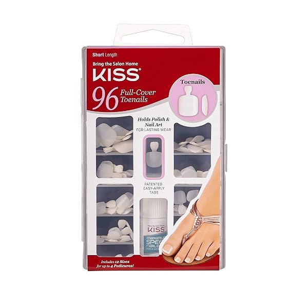 KISS 96 FULL COVER TOENAILS KIT, LONG LASTING FAKE NAILS, DIY HOME MANICURE SET WITH PINK GEL NAIL GLUE 3 G / 0.11 OZ. AND 96 FAKE TOENAILS IN 12 SIZES FOR UP TO 4 PEDICURES