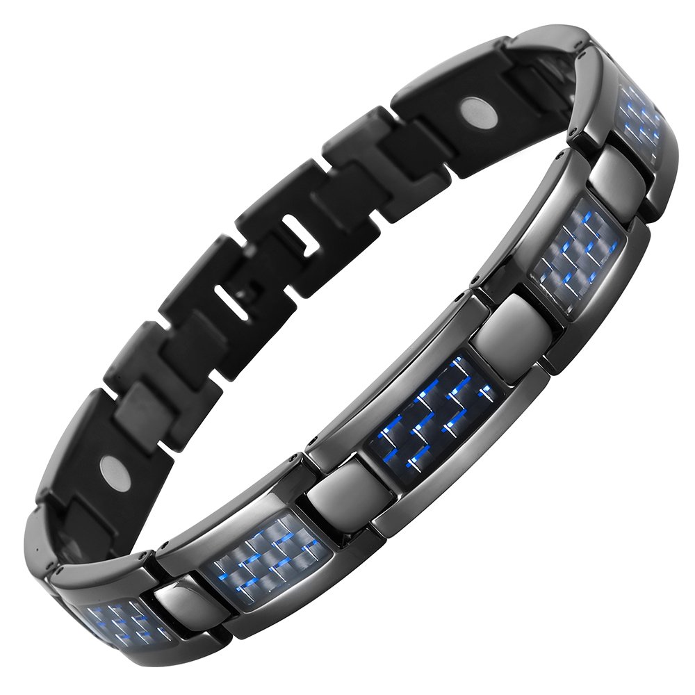 Willis Judd Mens Titanium Magnetic Bracelet With Blue Carbon Fiber Adjustable In Gift Box