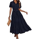 dowerme Womens Summer Dresses 2025 Short Sleeve Button Tie Waist Beach Vacation Clothes Boho Flowy Tiered Maxi Sundress