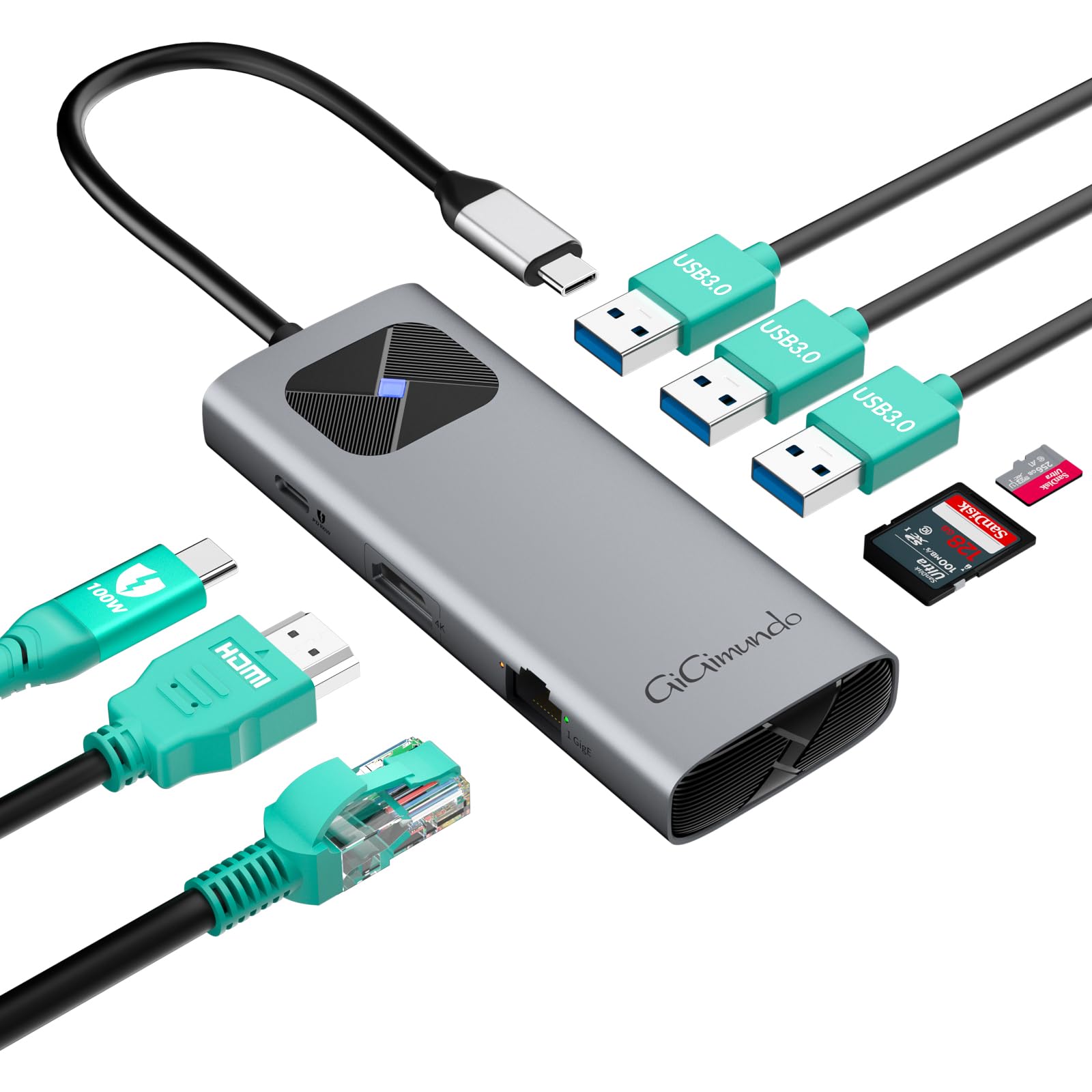 GiGimundo USB C Hub for Laptop with PD100W Charging, Type-C to HDMI Adapter with 4K@60Hz, 1Gbps Ethernet, SD Card Reader, 3*USB 3.0, Type C Multiport Adapter Docking Station for Laptop, Grey