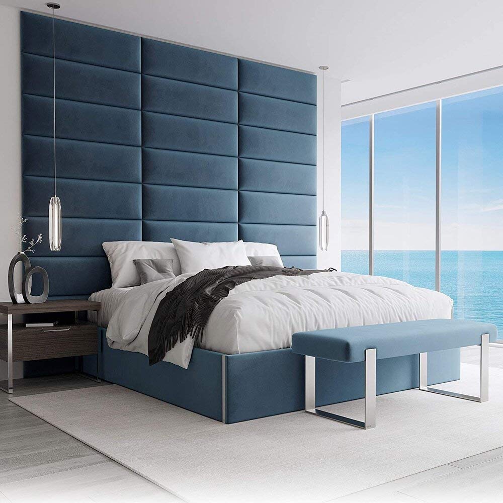 VANT Upholstered Accent Wall Panels - Packs of 4 - Easy to Install - Twin-King Size Headboard (91cm Wide, Plush Velvet Peacock Blue)