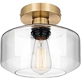 MAXvolador Industrial Semi Flush Mount Ceiling Light Gold, Clear Glass Pendant Lamp Shade, Farmhouse Lighting Hallway, Vintag