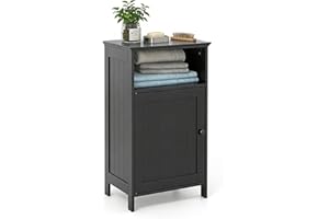 COSTWAY Single-Door Floor Cabinet, Compact Bathroom & Side Storage Organizer with Adjustable Shelf, Anti-Tip Safety, and Open