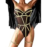 Kaei&Shi Rave Outfits For Women, Sparkly Strappy Corset Bodysuit, Festival Sequin Rhinestone Metallic, Sexy Mesh Lingerie