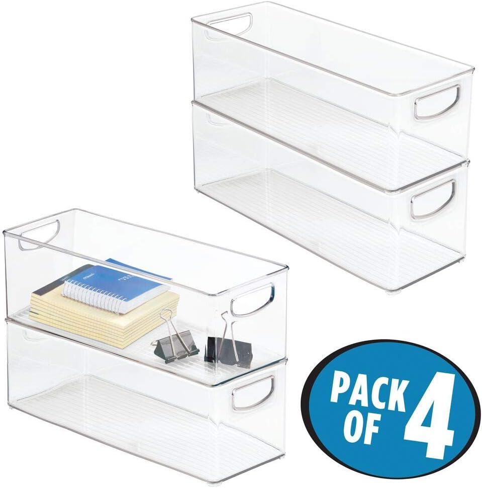 mDesign Large Stackable Plastic Storage Bin Container, Home Office Desk and Drawer Organizer Tote with Handles - Holds Gel Pens, Erasers, Tape, Pens, Pencils, Markers - 16" Long, 4 Pack - Clear : Office Products