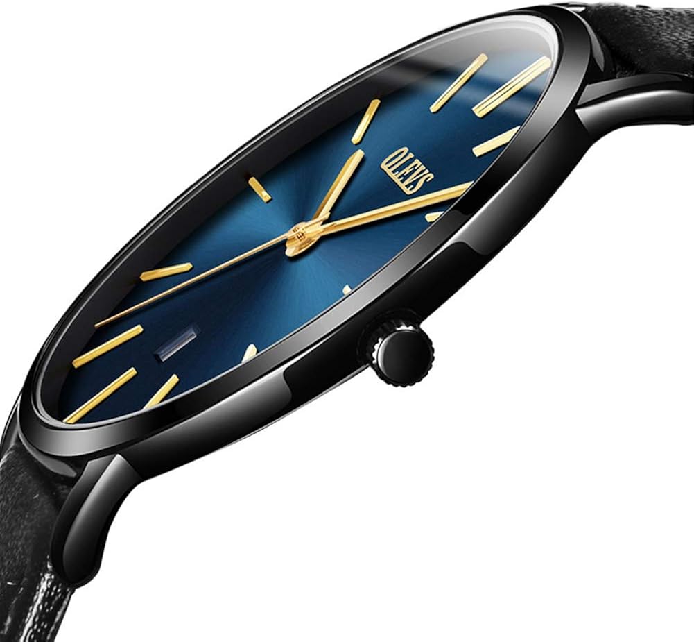 OLEVS Mens Wrist Watches Ultra Thin 6.5mm Minimalist Leather Blue Dial Watch Business Dress Waterproof Date Slim Watches for Men - Image 3