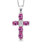 Gem Stone King 925 Sterling Silver Pink Created Sapphire and Lab Grown Diamond Cross Pendant Necklace for Women | 2.90 Cttw | Gemstone September Birthstone | Oval 6X4MM | With 18 Inch Chain