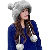 Fluffy Knit Beanie Hats for Women Winter Faux Fur Warm Knit Crochet Skull Cap with Pompom Outdoor Ear Cover