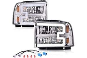 PIT66 LED DRL Headlight Compatible with Ford F250 F350 F450 F550 Super Duty 2005-2007/Compatible with Excursion 2005 6C3Z13008DB,6C3Z13008CB Clear lens Chrome Housing Amber Reflector