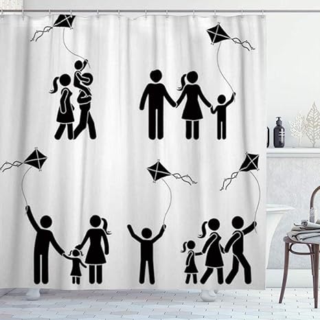 Amazon Kapanou 防水 シャワーカーテン スティック図幸せなアクティブな家族カイトアイコンと人々過ごす時間屋外ピクトグラム かわいいシャワーカーテン ユニットバス バスルーム 芸術の装飾 180cmx180cm バスフック付き 取り付け簡単 シャワーカーテン ホーム