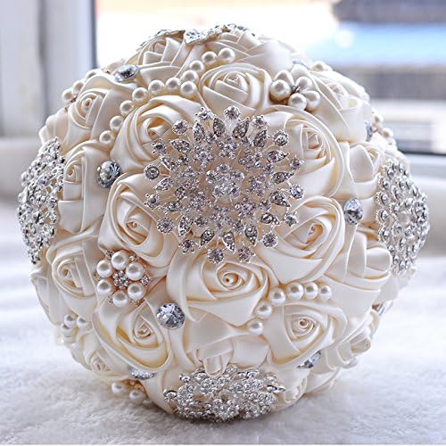 8"Continental American Designe high quality Advanced Customization Romantic Wedding Bride pearls Holding Bouquet ivory Roses flowers with pearls brooches Rhinestone