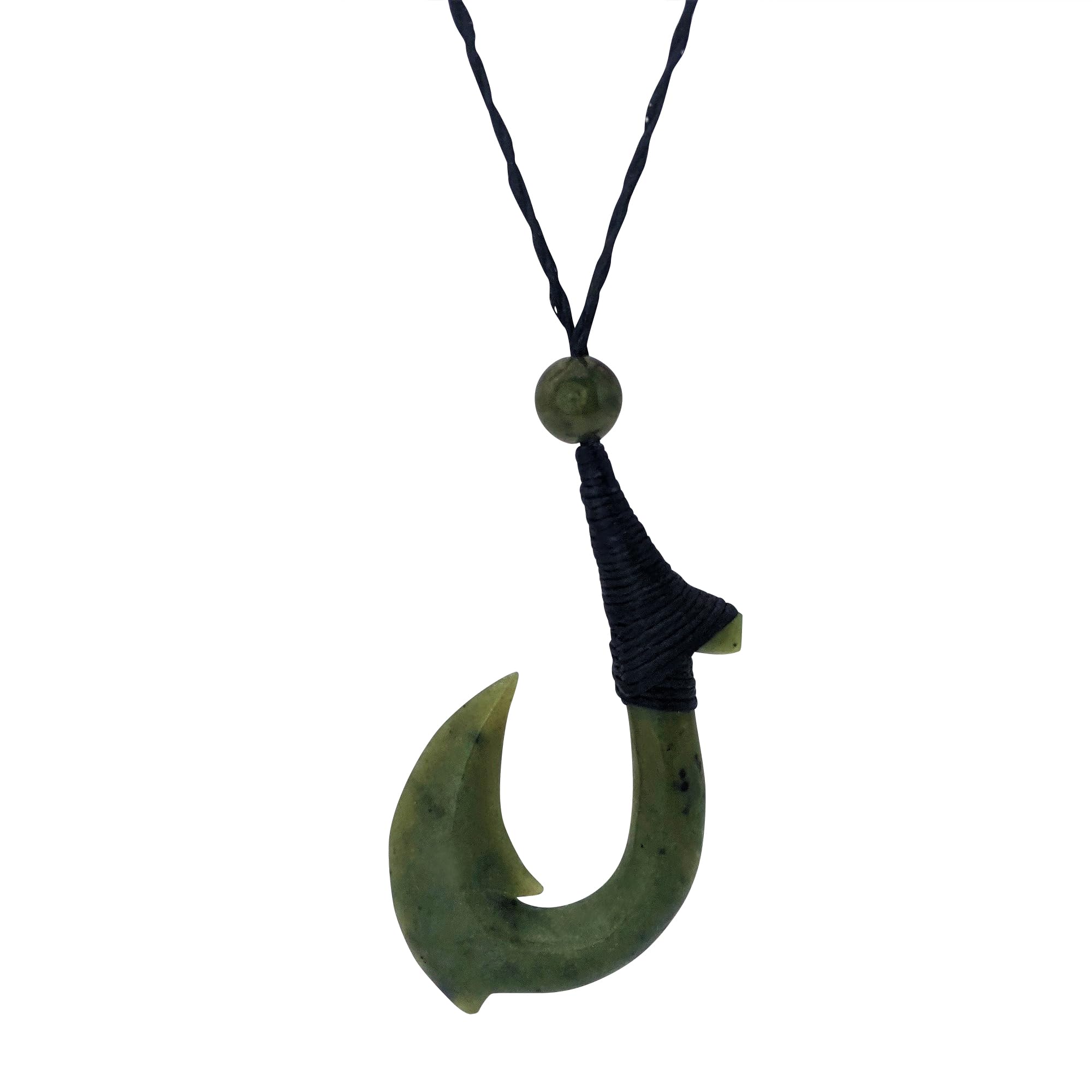 81stgeneration Nephrite Jade Hei Matau Pendant Necklace - Maori Style Cord Surfer Necklace for Men - Natural Greenstone Fish Hook Jewellery - Smooth Hand-Carved Design - Green Gemstone Statement Piece