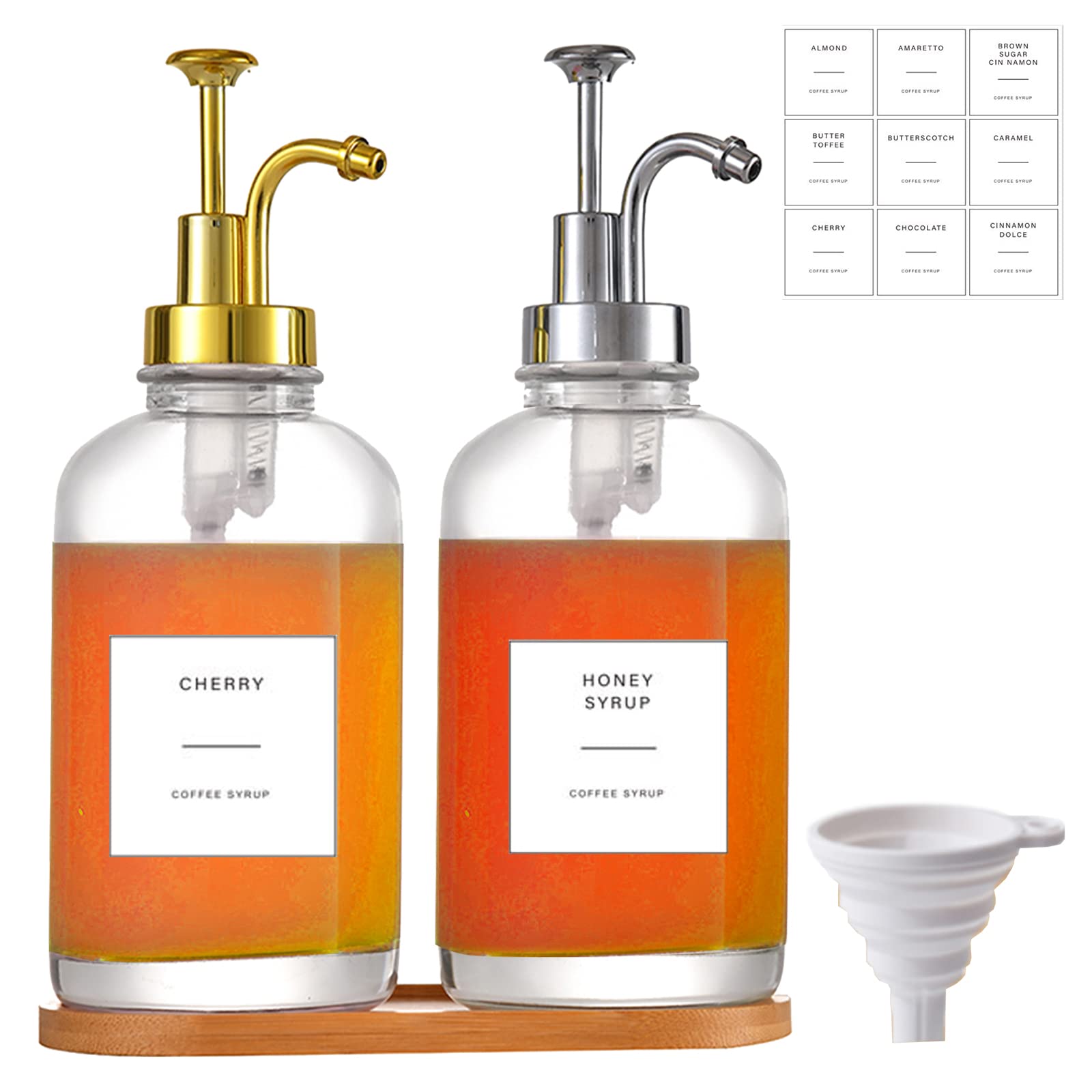 Longzhuo Coffee Syrup Dispenser Set, 16.9 oz 500ml Syrup Dispenser, Minimalist Glass Coffee Syrup Pump, Coffee Accessories with Sticker, Tray and Funnel