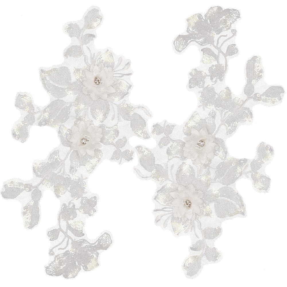 GORGECRAFT 2Pcs 3D Flowers Embroidered Lace Applique Sew on Trim Patches Glitter Sequins Beaded Floral Collar Fabric Craft Decoration Patch for Sewing Wedding Clothes Dress Pants Jeans Bag White