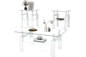IANIYA 3 Piece Living Room Table Set, Modern Tempered Glass Coffee Table Set, Glass Coffee Table Black Metal Frame End Table for Living Room Apartment Small Space, White