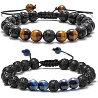 Ailetop Men's Braided Leather Bracelet With Tiger Eye & Lava Stone - Magnetic Clasp