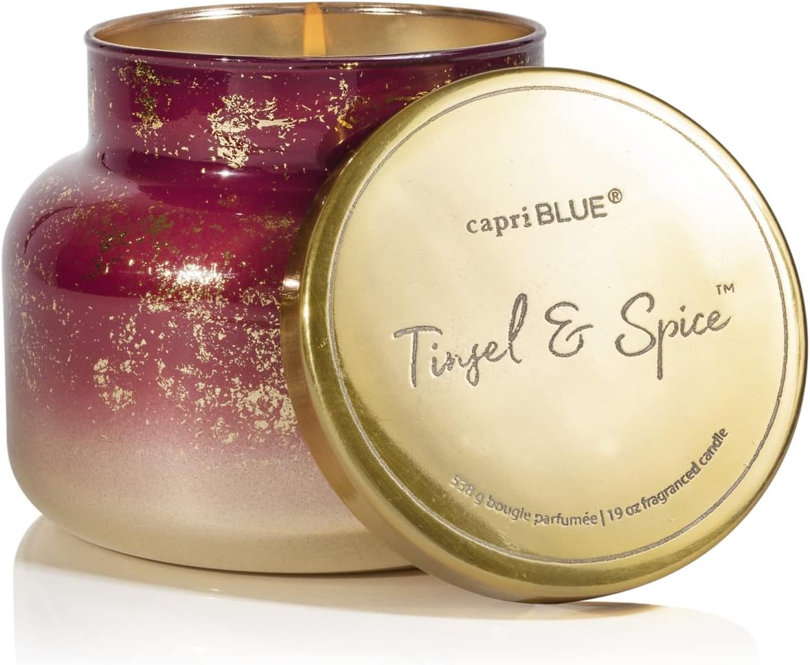 Candles & Holders - Capri Blue Glimmer Signature Jar - Tinsel & Spice Scented Candle with Ombre Glass Candle Holder - Luxury Aromatherapy Candle - 19 Oz - Mulberry and Gold