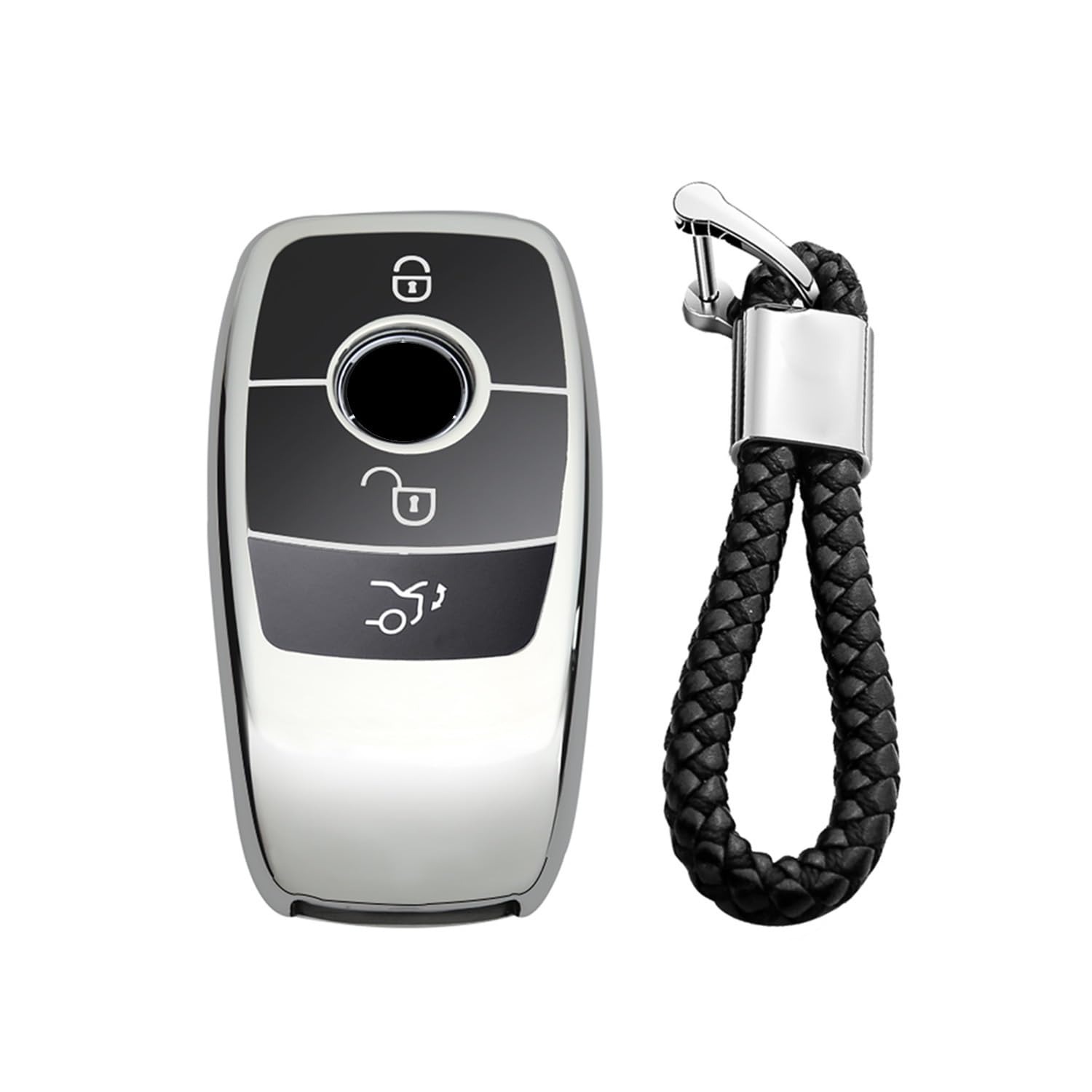 M.JVisun Soft TPU Case Cover Protector Car Remote Key Fob Case For Mercedes-Benz 2019-2022 A Class C Class G Class 2017-2022 E Class 2018-2021 S Class Fob Remote Key - Glossy Silver - Braided Keychain
