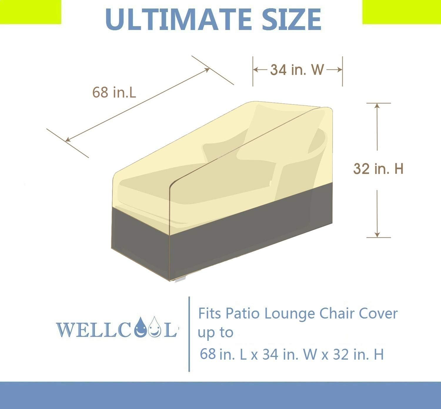 WELLCOOL Waterproof Patio Lounge Chair Cover Heavy Duty Outdoor Chaise Lounge Covers, 68" L x 34" W x 32" H: Kitchen & Dining
