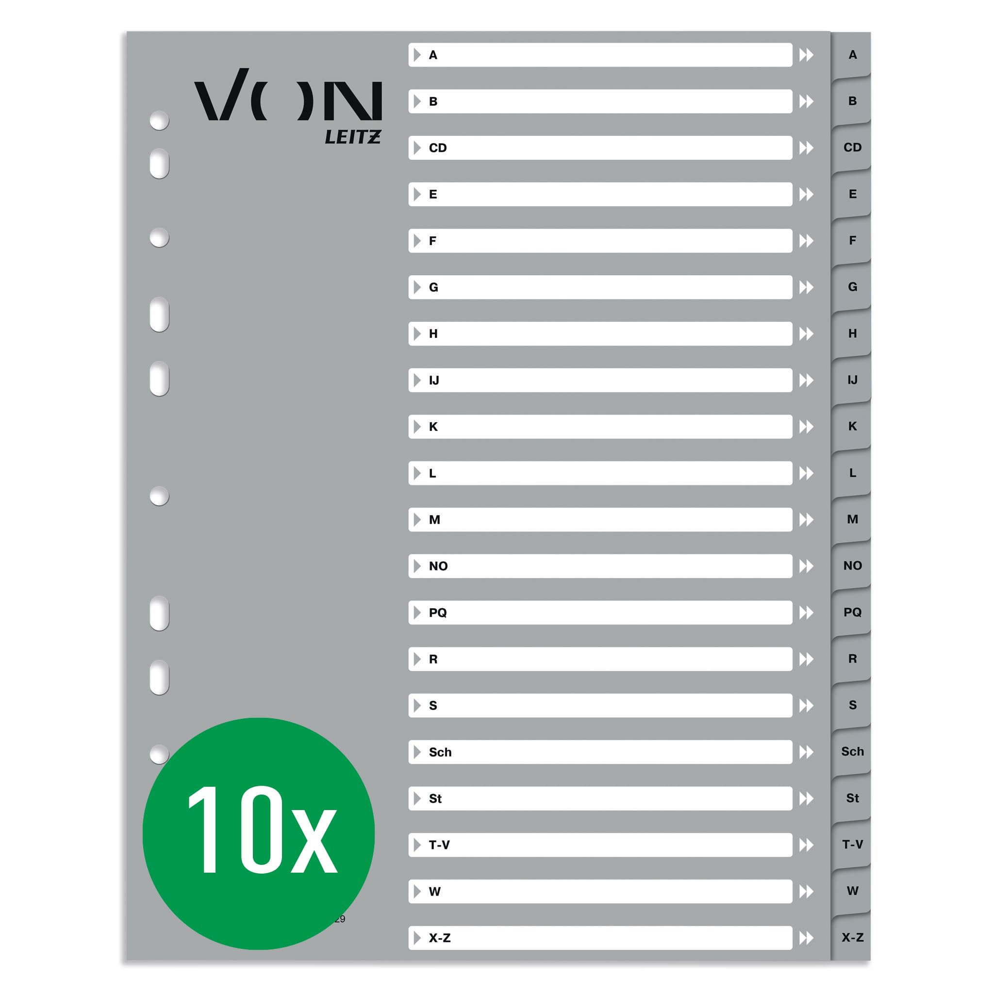 VON Leitz 12290085 Alphabet Index A-Z, A4 for Folders, PP Cardboard, Extra Wide, 11-Hole Universal Index for Loose Folders & Ring Binders, Alphabetic Dividers, Grey, Pack of 10