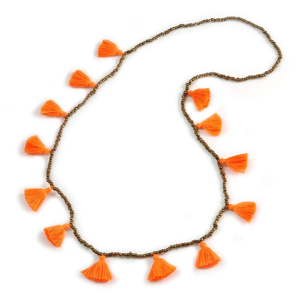 Avalaya Bronze Glass Bead with Neon Orange Tassel Long Necklace/Boho Style/ 96cm L