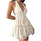 SHENHE Women's Summer 2 Piece Mini Skirt Set Deep V Peplum Ruffle Halter Top and Skirt Set