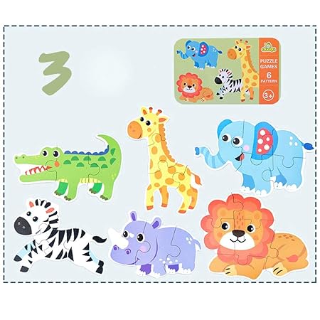 FidgetGear Kids Puzzle Toy,6 in 1 Baby Cartoon Animal Pattern Puzzles Early Education Wood Toy for Toddlers Children Wild Animals