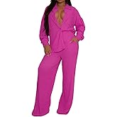 Casual 2 Piece Dressy Outfit for Women Long Sleeve Button Down Shirt Wide Leg Pants Loungewear Matching Sets