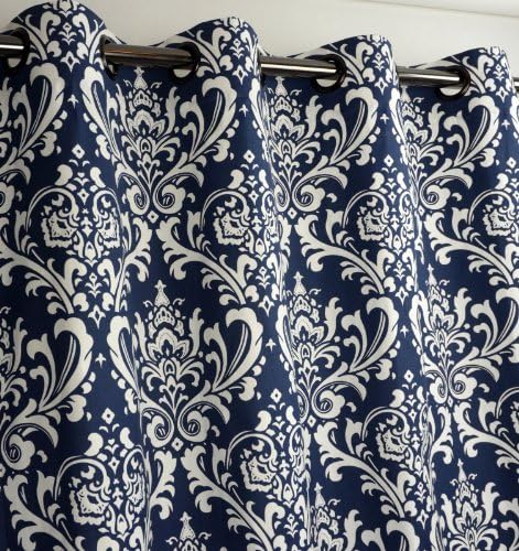 Navy Blue and White Damask Drape, One Grommet Top Curtain Panel 120 inches long x 50 inches wide