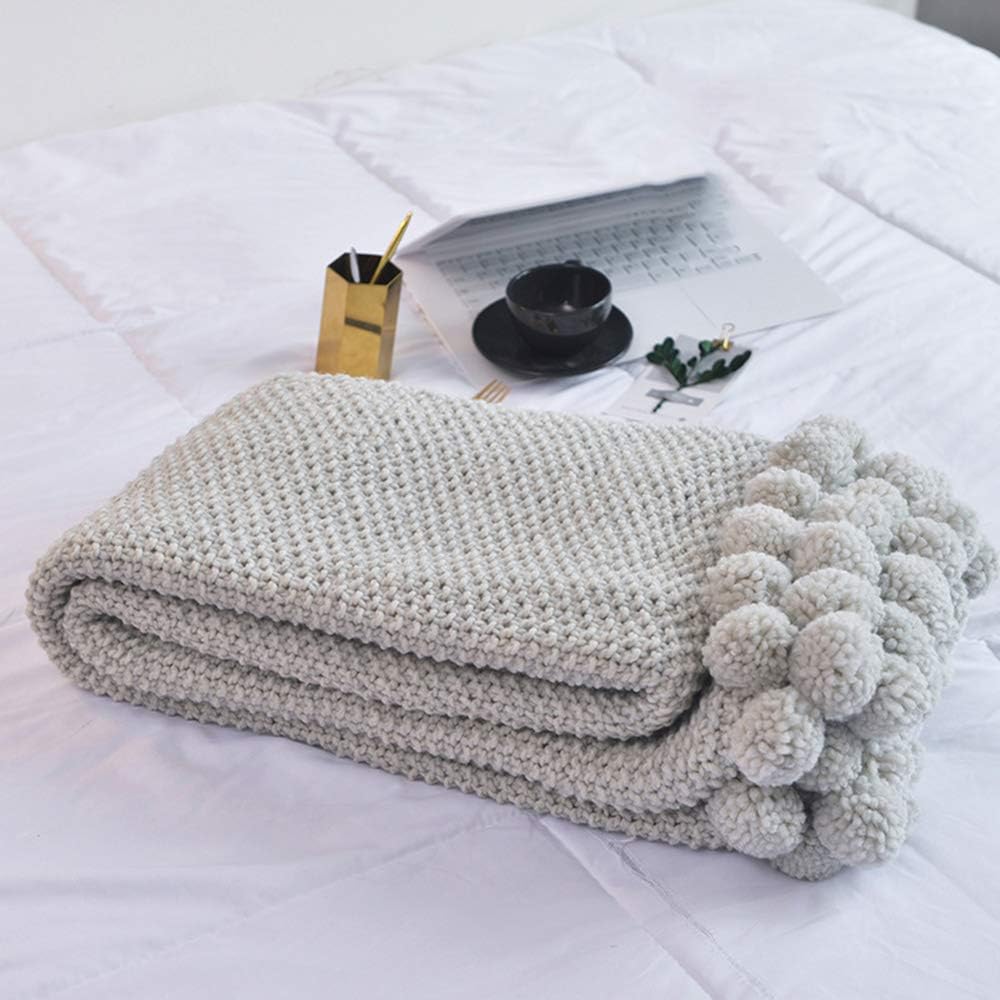 RZJF Knitted Throw Blanket, Soft Pompoms Fringe Knitted Throw Blanket for Watching TV Or Nap on Chair,Sofa And Bed 130X160cm,lightgray