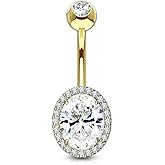 Forbidden Body Jewelry Surgical Steel Double Tiered Fancy CZ Oval Belly Button Ring with Large CZ Center