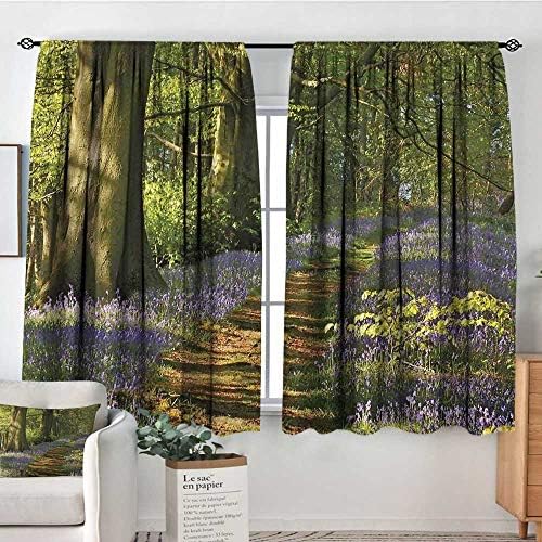 Elliot Dorothy Rod Pocket Blackout Curtain Woodland,A Carpet of Bluebells Spreads Through Woodland in Staffordshire England,Green Purple Brown,Decor/Room Darkening Window Curtains 63"x72"
