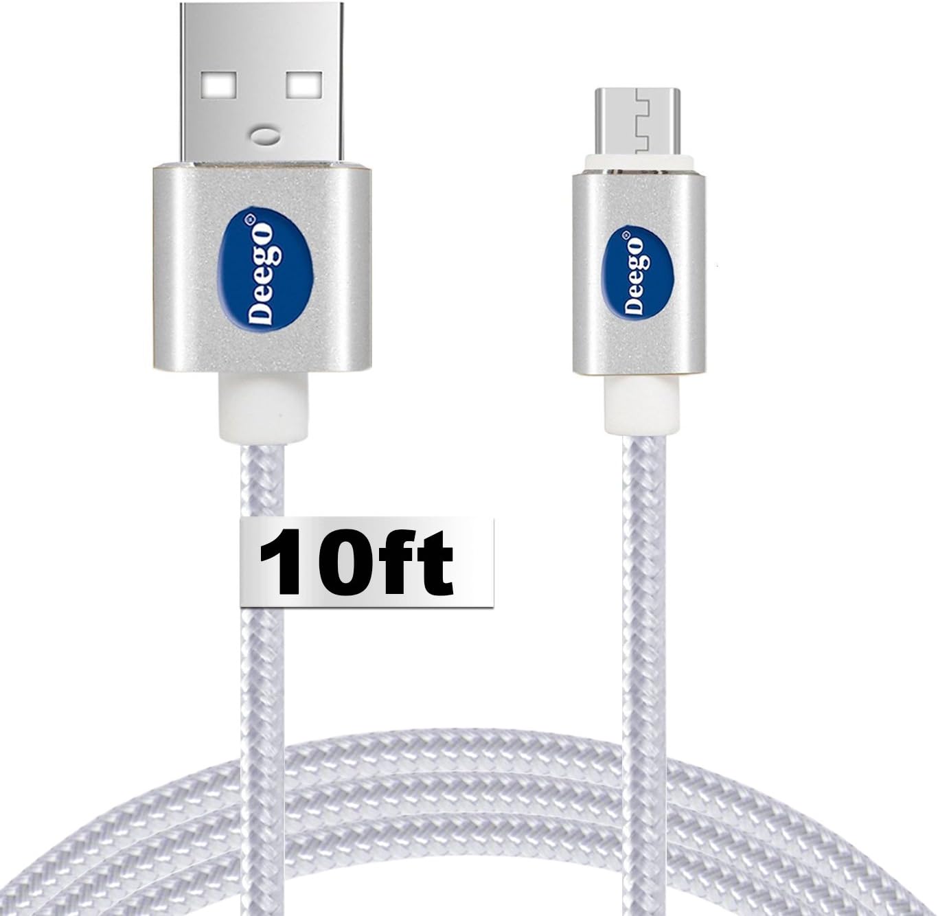 Android Charger Cable 10 ft, Extra Long Nylon USB 2.0 Charging Cable Cord, Portable Micro USB Fast Charge Cable for Samsung Galaxy S7/S6/S5 Edge,HTC M8 M9,Nexus and More-White