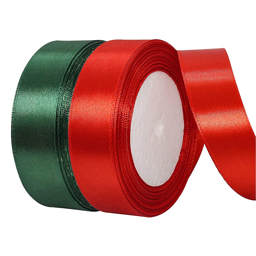 Photo 1 of 2 Rolls 50 Yard Christmas Ribbon, 1 Inch Wide Gift Wrapping Ribbon Polyester Satin Ribbons Rolls Fabric Silk Ribbons Favors for Wedding Party DIY Craft Making (Red, Green)