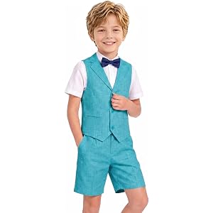 AKsit Boys Linen Suit Slim Fit Suits Summer Beach Wedding Outfit for Boys Tuxedo 2 Piece Casual Vest Shorts Set