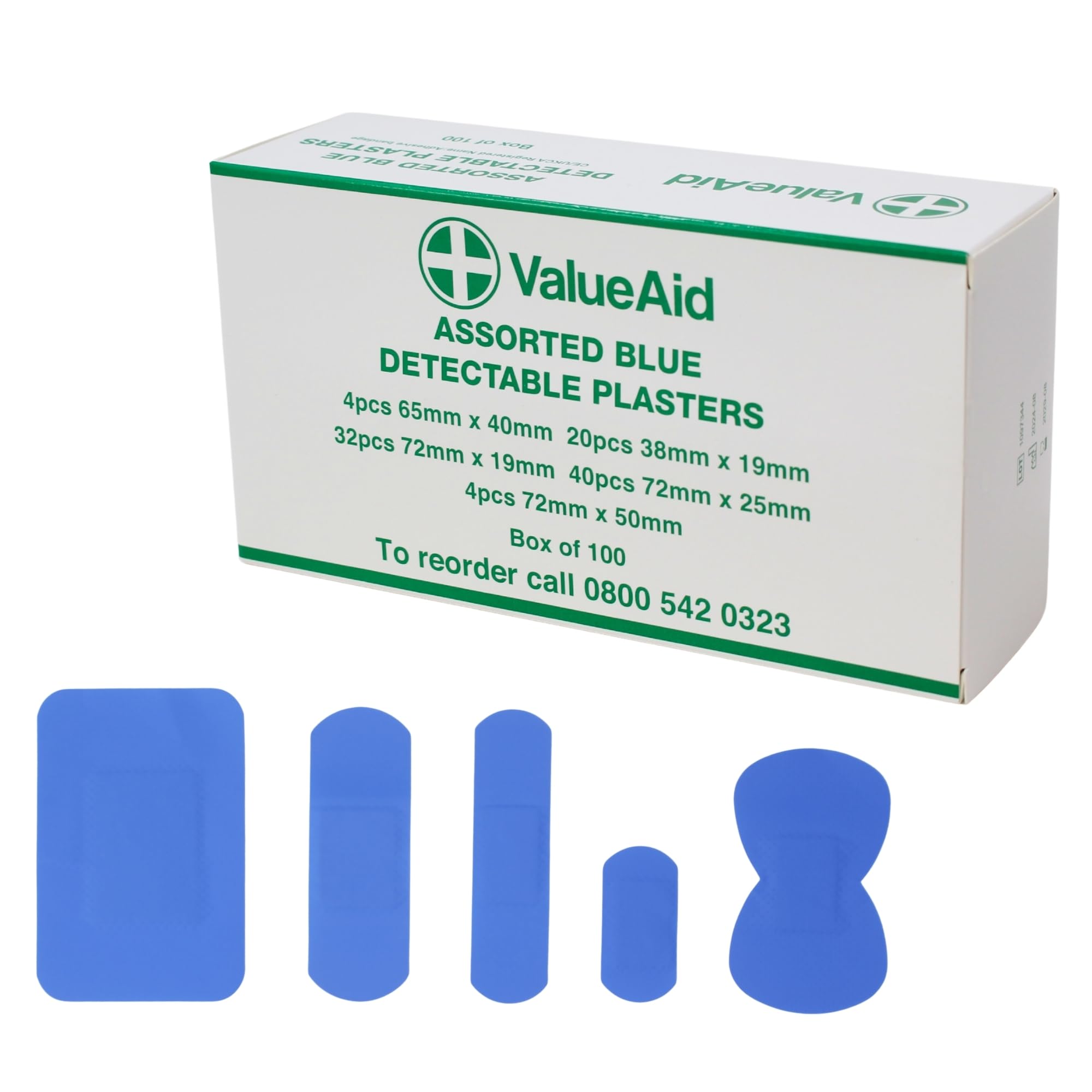 Value Aid Blue Detectable Plasters – Box of 100 Assorted Plasters for Catering Kitchens and Food Handling – Latex Free Washproof Assorted Sizes with Hypoallergenic Adhesive – Individually Wrapped
