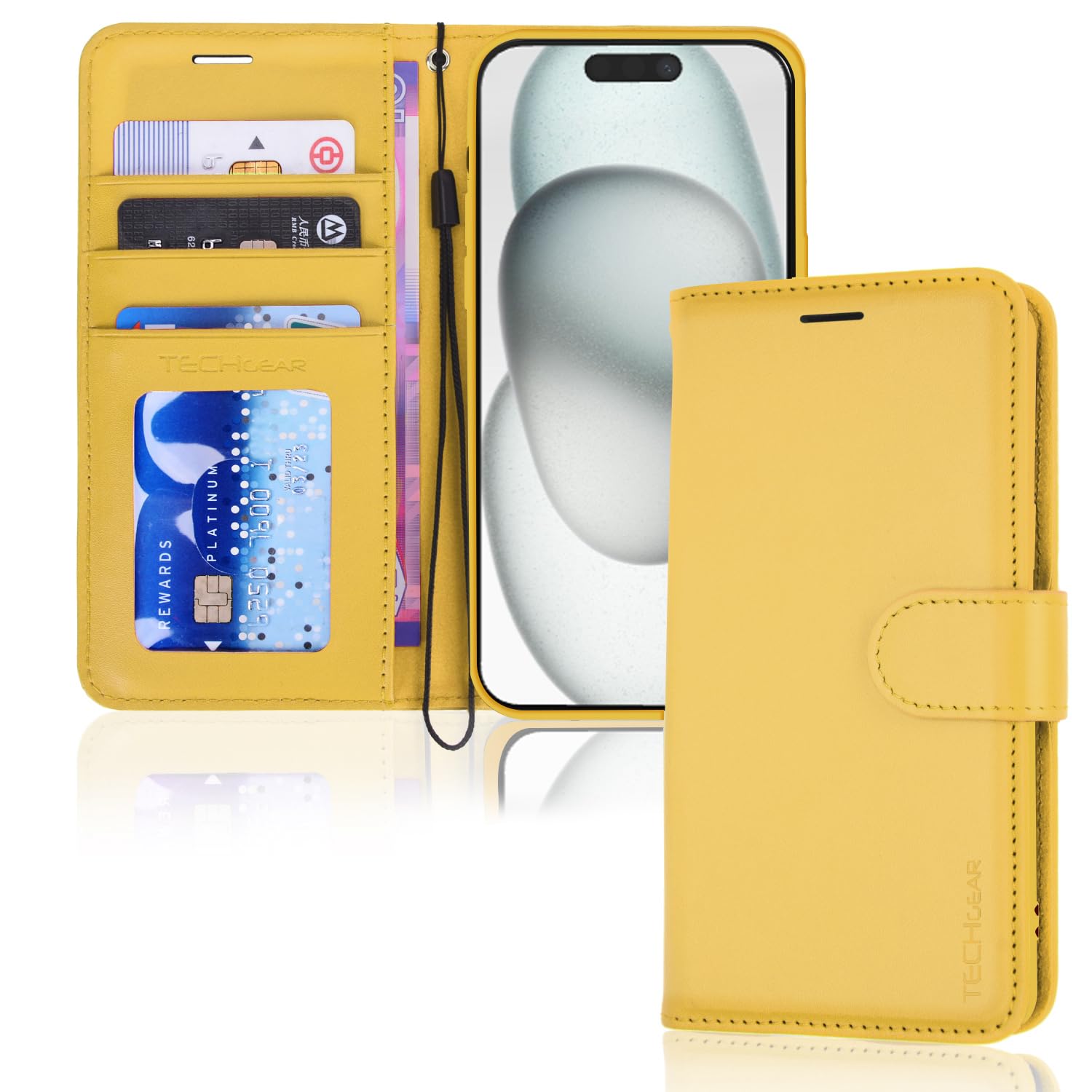 TECHGEAR iPhone 15 Leather Wallet Case, Flip Protective Case Cover with Wallet Card Holder, Stand and Wrist Strap - Yellow PU Leather with Magnetic Closure for iPhone 15 6.1"
