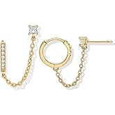Double Piercing Chain/Stud Earrings for Women 18K Gold Plated S925 Sterling Silver Dangle Chain Huggie Hoop Earrings with Cubic Zirconia Stones Simulated CZ Earrings